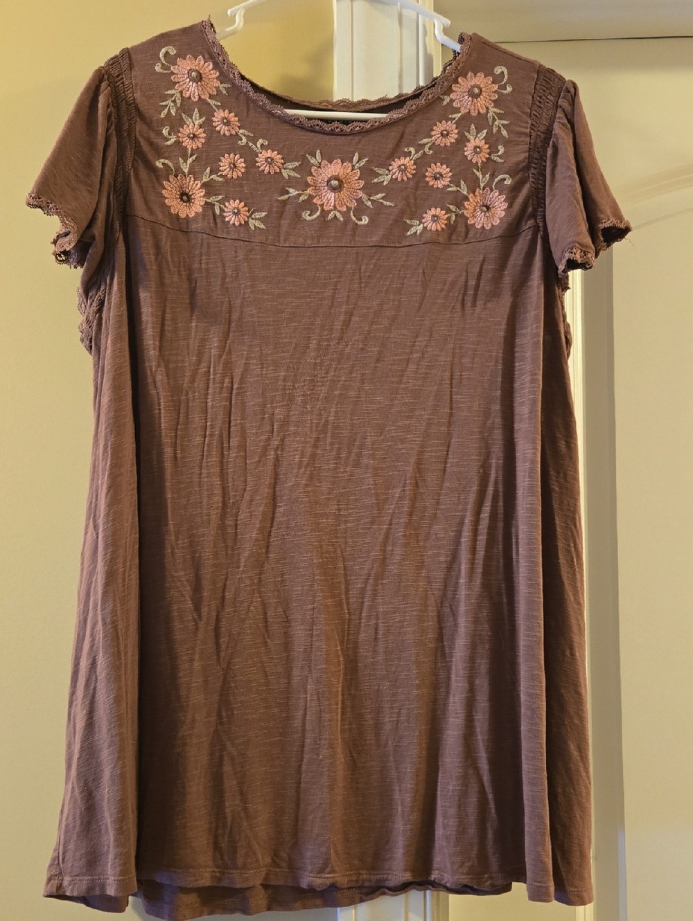 torrid Brown Scoop Neck Tunic with Pink Floral Embroidery